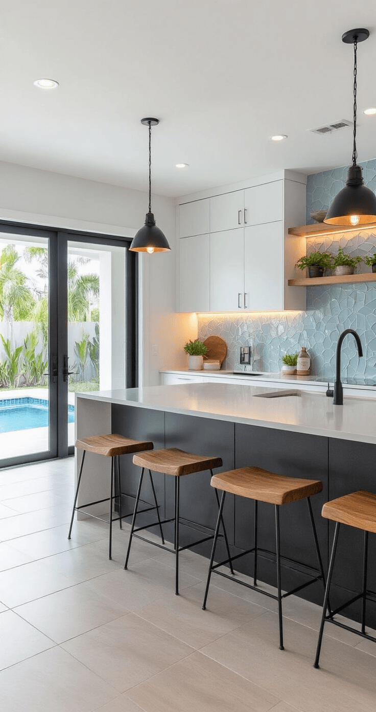 Architectural interior photograph of a modern Florida kitchen featuring white quartz countertops, matte charcoal cabinetry, and a geometric blue-gray tile backsplash, with sliding doors opening to a pool view, illuminated by pendant lights and under-cabinet LEDs.