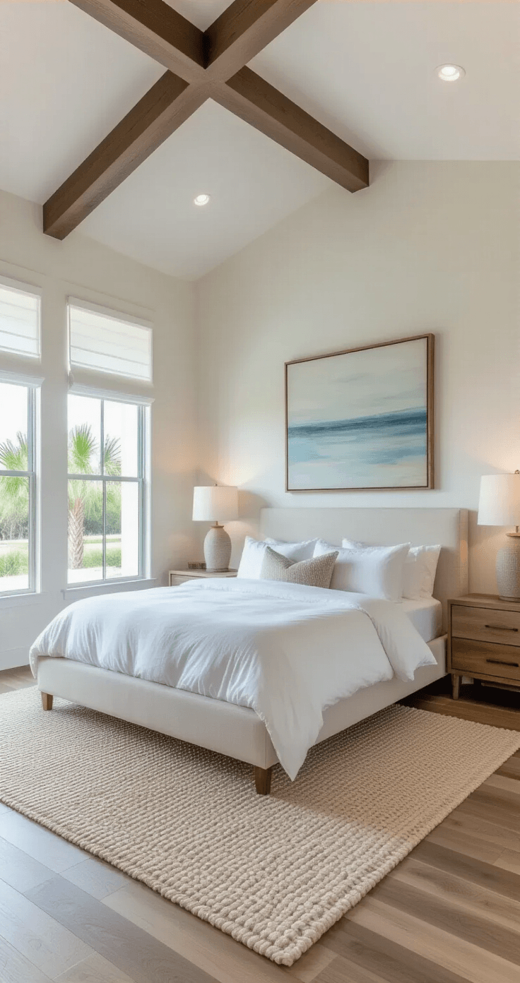 Modern Florida master bedroom with vaulted ceilings, white stucco walls, and natural oak flooring, featuring a king-size platform bed, floating walnut nightstands, and floor-to-ceiling windows overlooking palm trees, bathed in soft evening light.