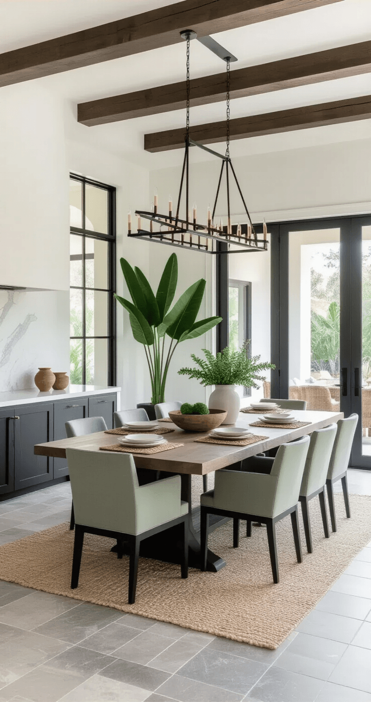 Contemporary Florida dining room during golden hour featuring white walls, dark wood beam ceiling, and large gray stone tiles. A live-edge dining table with mid-century modern sage chairs beneath a linear chandelier, with sliding glass doors opening to an outdoor terrace. Natural textures and a refined color palette enhance the inviting atmosphere.