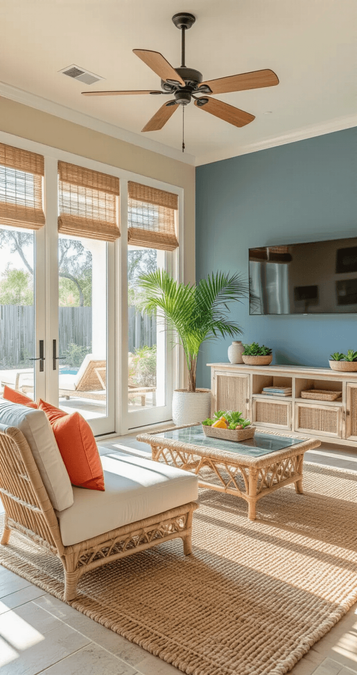 A sun-drenched Florida room featuring sand beige walls, a blue-gray accent wall, and large sliding glass doors. The space includes a cream chaise lounge with vibrant throw pillows, a natural jute rug, and a rattan coffee table. Bamboo shades filter sunlight, and an Areca palm adds greenery. A weathered wood console table showcases books and a brass compass, while a round mirror reflects light throughout the room.