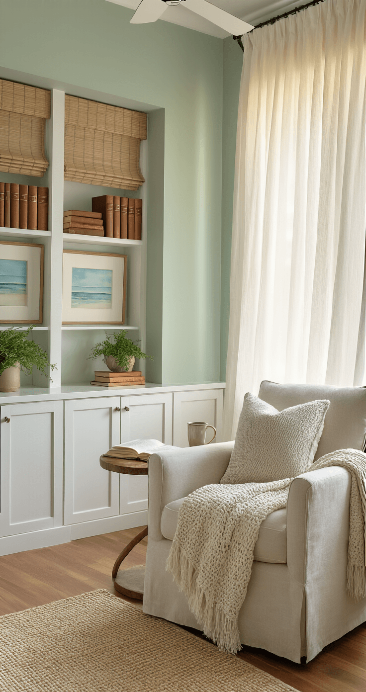 Cozy reading nook in a Florida room during golden hour, featuring floor-to-ceiling windows with gauzy drapes, a plush chair with a coastal throw, an open book and coffee mug on a side table, built-in white cabinetry with books and plants, bamboo shades casting light patterns on seafoam green walls, natural fiber rugs on wooden floors, and a ceiling fan above.