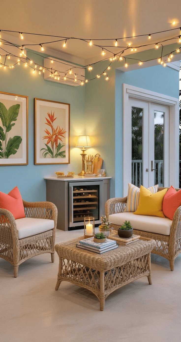 Evening scene of a Florida room with ambient lighting, featuring a wet bar, wicker chairs, and a rattan coffee table adorned with books and succulents, illuminated by string lights and table lamps, with sliding glass doors revealing a twinkling patio.