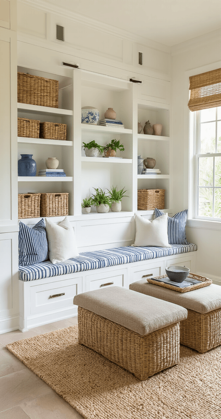 A beautifully designed Florida room featuring custom white cabinetry, open shelving with wicker baskets and books, a navy and white striped window seat with storage, natural material ottomans, and floating shelves with plants and coastal decor, all set against sand-colored walls and a textured jute rug, captured in bright morning light.