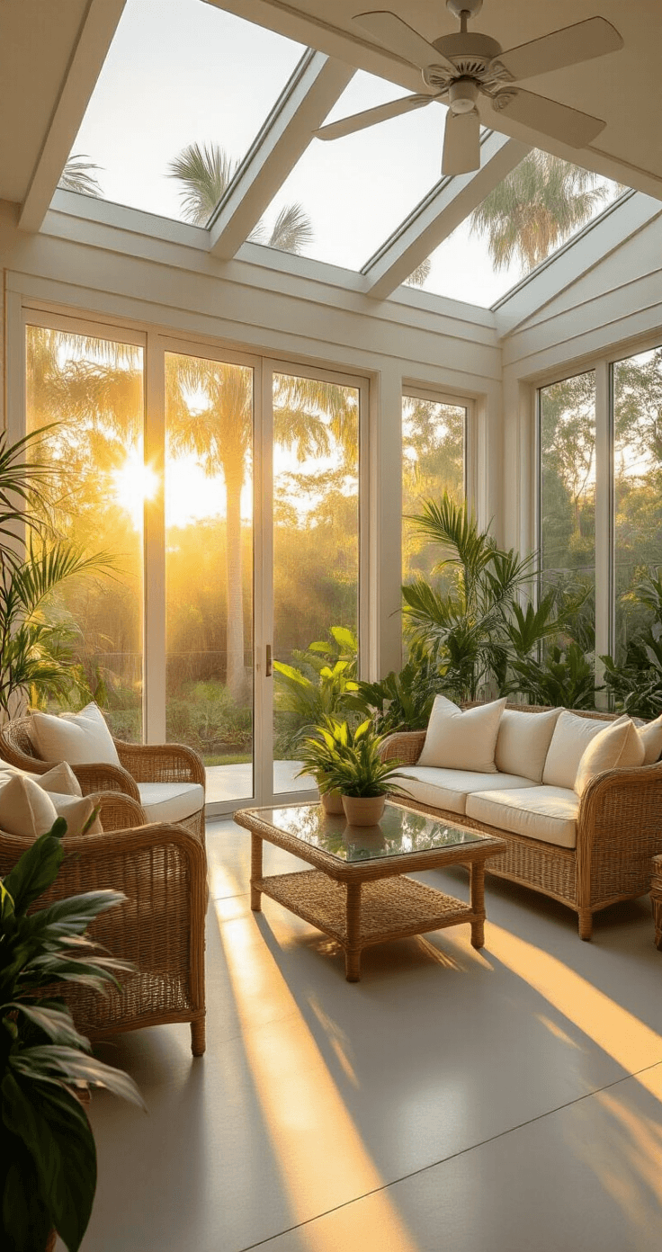 Florida Sunroom: Everything You Need to Know About Adding This Bright Living Space to Your Home Spacious Florida sunroom during golden hour, featuring floor-to-ceiling aluminum-framed windows, comfortable wicker furniture, potted tropical plants, and polished concrete floors, creating a warm and inviting atmosphere.