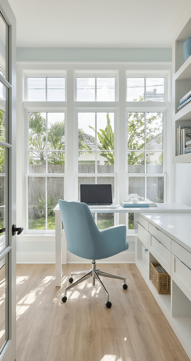 Florida Sunroom: Everything You Need to Know About Adding This Bright Living Space to Your Home A bright modern Florida sunroom converted into a home office, featuring white vinyl windows, a sleek white desk, a soft blue ergonomic chair, built-in shelving, bamboo flooring, and UV-blocking window film, all bathed in diffused mid-morning sunlight.