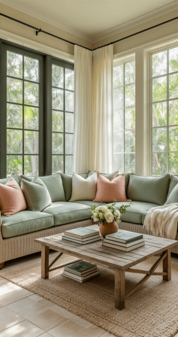 Florida Sunroom: Everything You Need to Know About Adding This Bright Living Space to Your Home An inviting Florida sunroom reading sanctuary featuring a sage green sectional sofa, rustic wooden coffee table with books and flowers, and sheer white curtains allowing filtered sunlight, all set against beige tile flooring.