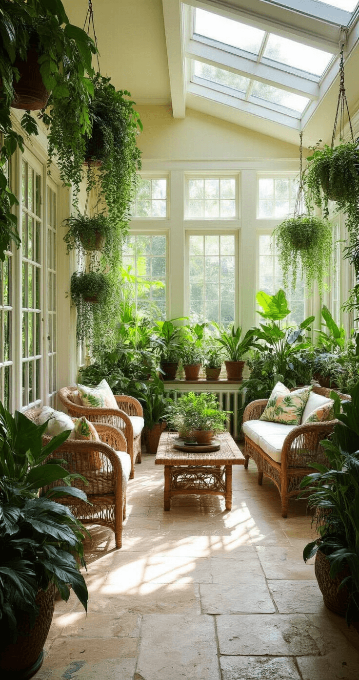 Florida Sunroom: Everything You Need to Know About Adding This Bright Living Space to Your Home A vibrant Florida sunroom transformed into an indoor garden, featuring an array of potted plants on multi-level stands and hanging from the ceiling, with abundant natural light illuminating the space. Wicker furniture with tropical cushions is arranged among the greenery, and a decorative fountain adds a soothing sound, all on natural stone tile flooring.