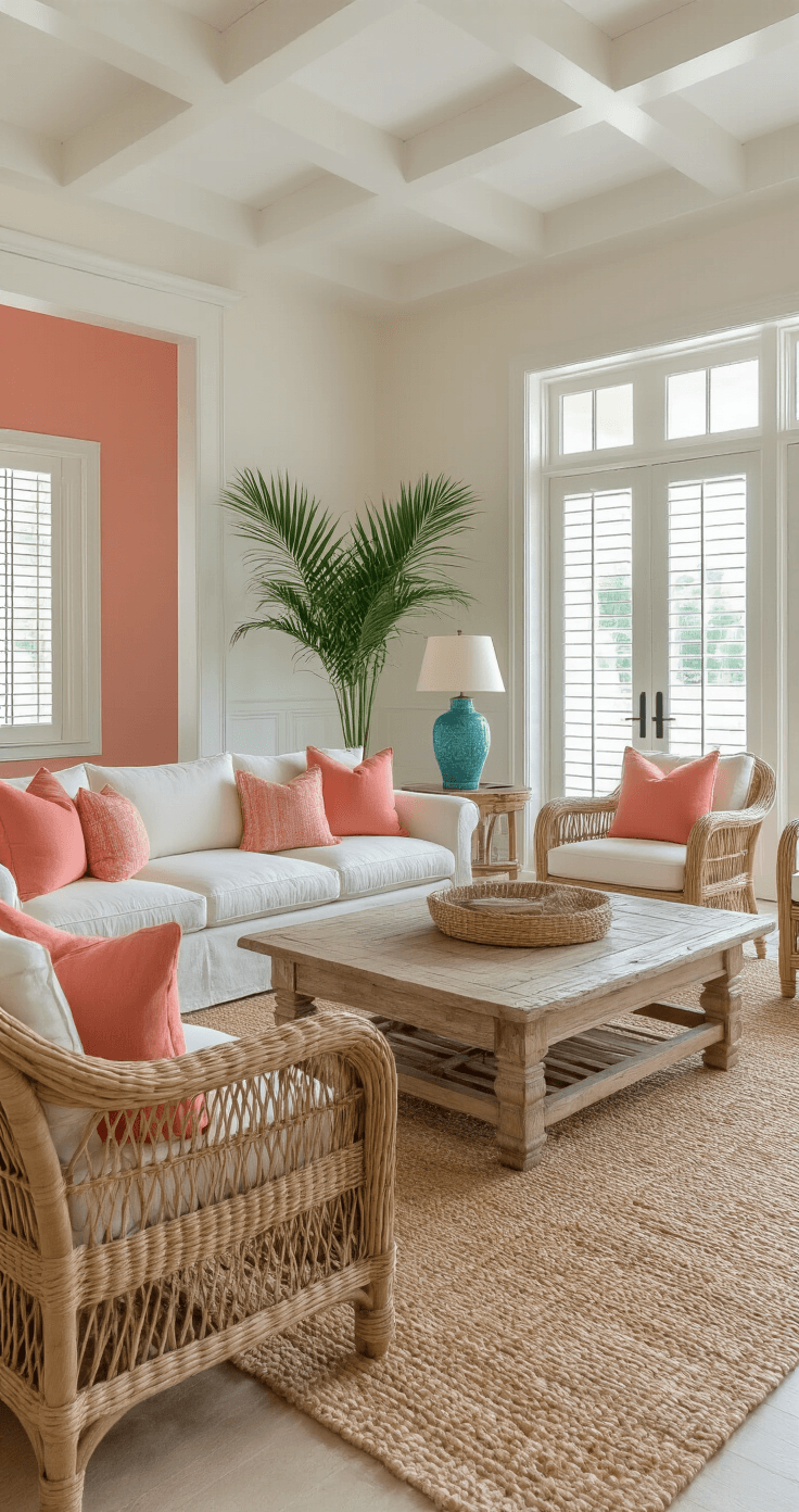 Florida Style Home Decor: How to Bring Coastal Charm Into Your Living Space Photorealistic interior of a spacious Florida-style living room featuring 12-foot ceilings, exposed white-painted wood beams, and natural light from floor-to-ceiling French doors. The scene includes a cream linen sofa, oversized rattan armchairs with coral pillows, a weathered cypress coffee table, and a layered rug ensemble, creating an inviting atmosphere.
