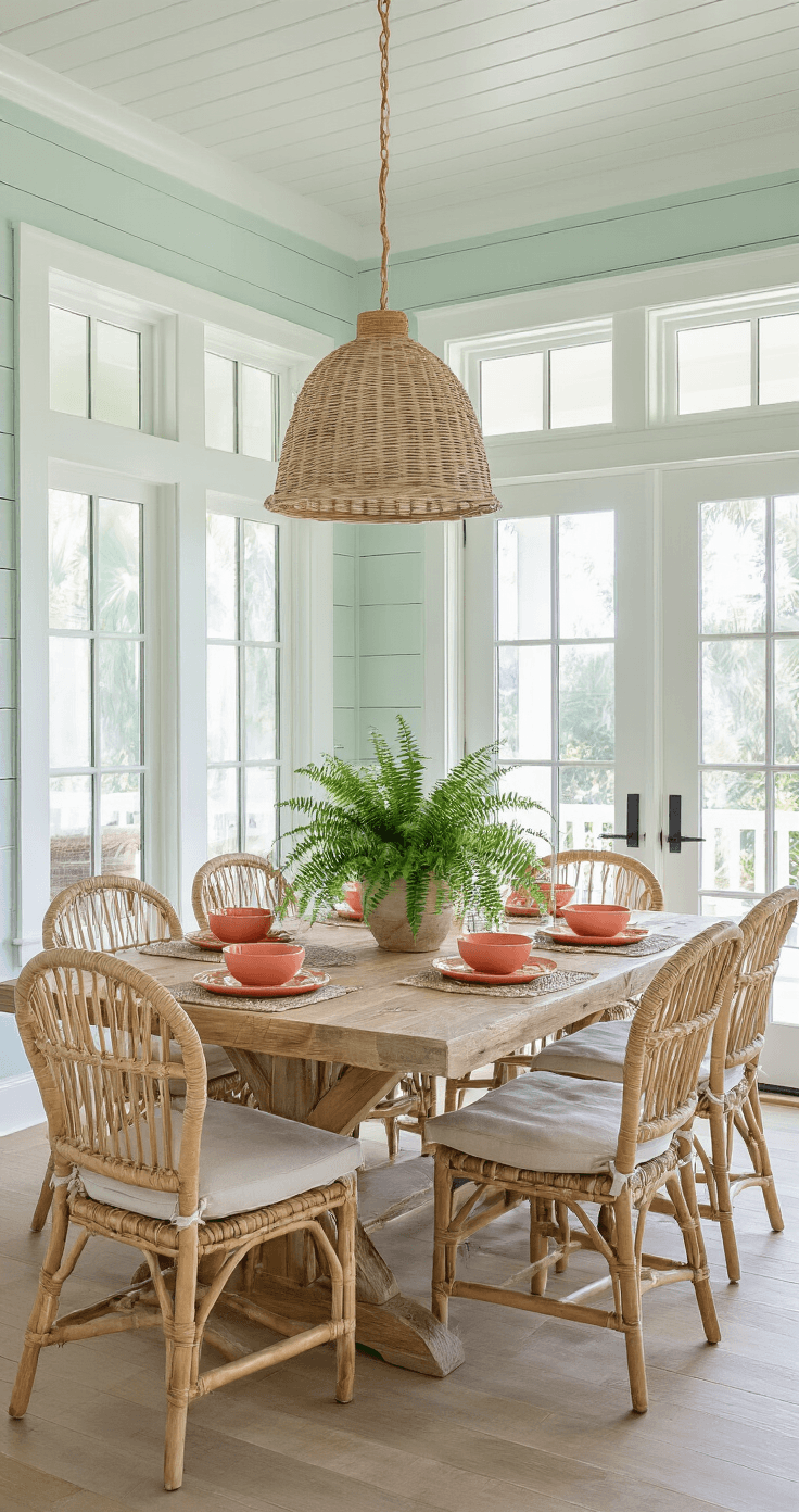 Florida Style Home Decor: How to Bring Coastal Charm Into Your Living Space Photorealistic wide shot of a bright and airy Florida coastal dining room featuring white shiplap wainscoting, a reclaimed pine dining table, natural rattan chairs, and oversized French doors leading to a screened porch, with natural light enhancing the serene Old Florida cottage ambiance.