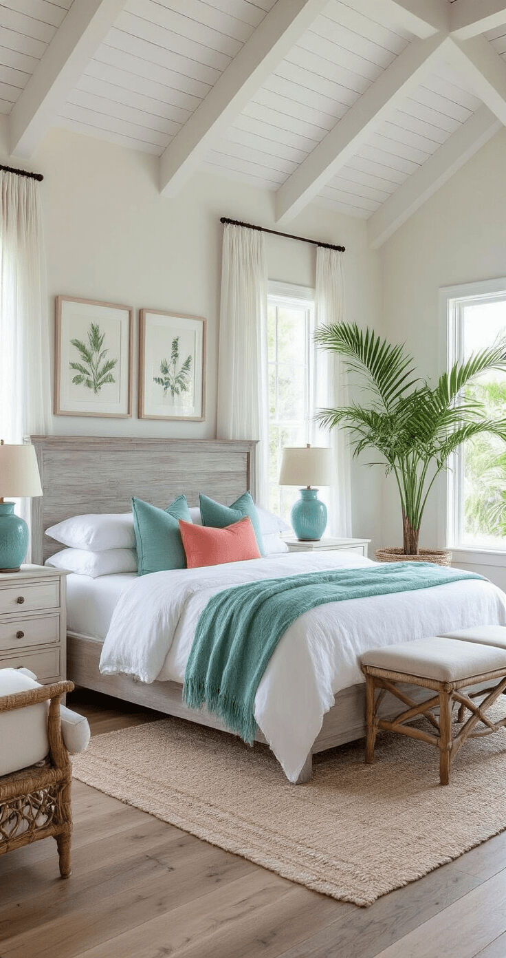 Florida Style Home Decor: How to Bring Coastal Charm Into Your Living Space Photorealistic master bedroom with vaulted ceiling and white-painted wood beams, featuring a king bed with white linens and seafoam green accents, distressed white nightstands with turquoise lamps, and a large parlor palm by a reading chair, all under soft morning light.