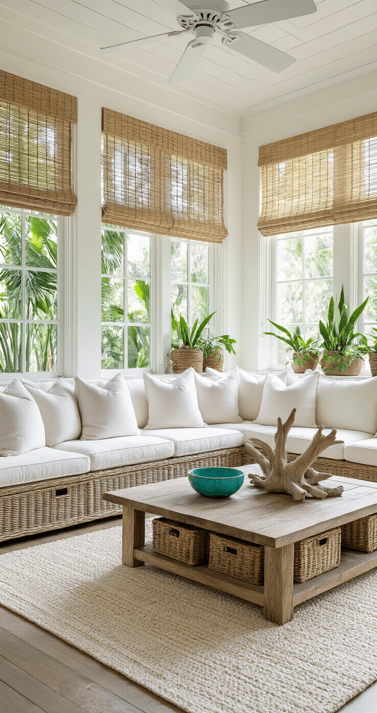 Florida Style Home Decor: How to Bring Coastal Charm Into Your Living Space Photorealistic sunroom featuring expansive window walls, a white tongue-and-groove ceiling, and a deep wicker sectional with white cushions. Afternoon light casts dramatic shadows through bamboo blinds. Styled with a reclaimed cypress coffee table, driftwood sculpture, and coral ceramic bowls, the space is defined by layered natural fiber rugs and lush potted palms, creating a bright, tropical atmosphere.