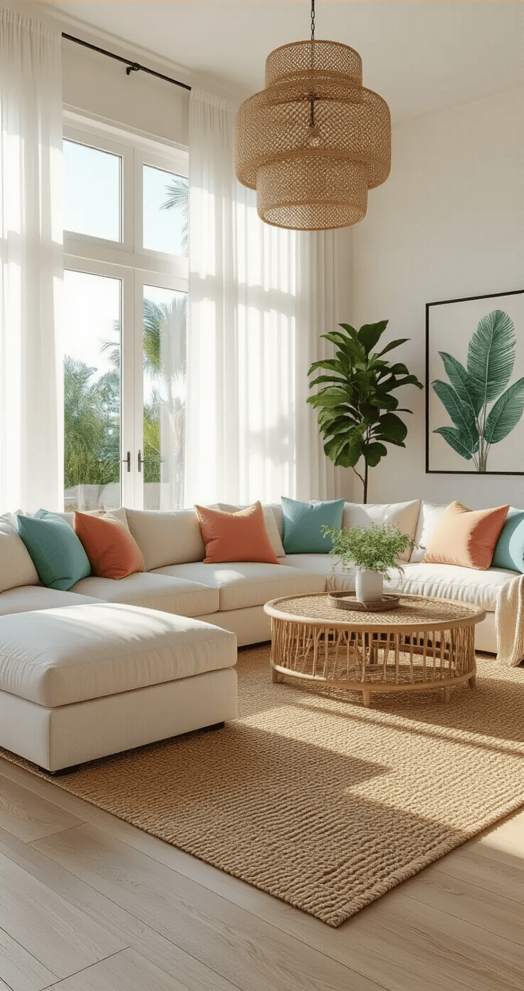 Florida Home Decor That Actually Makes Your Space Feel Like Paradise Photorealistic interior of a bright Florida living room featuring white sheer curtains, light oak hardwood floors, a neutral sectional sofa, and tropical wall art, illuminated by golden sunlight through floor-to-ceiling windows.