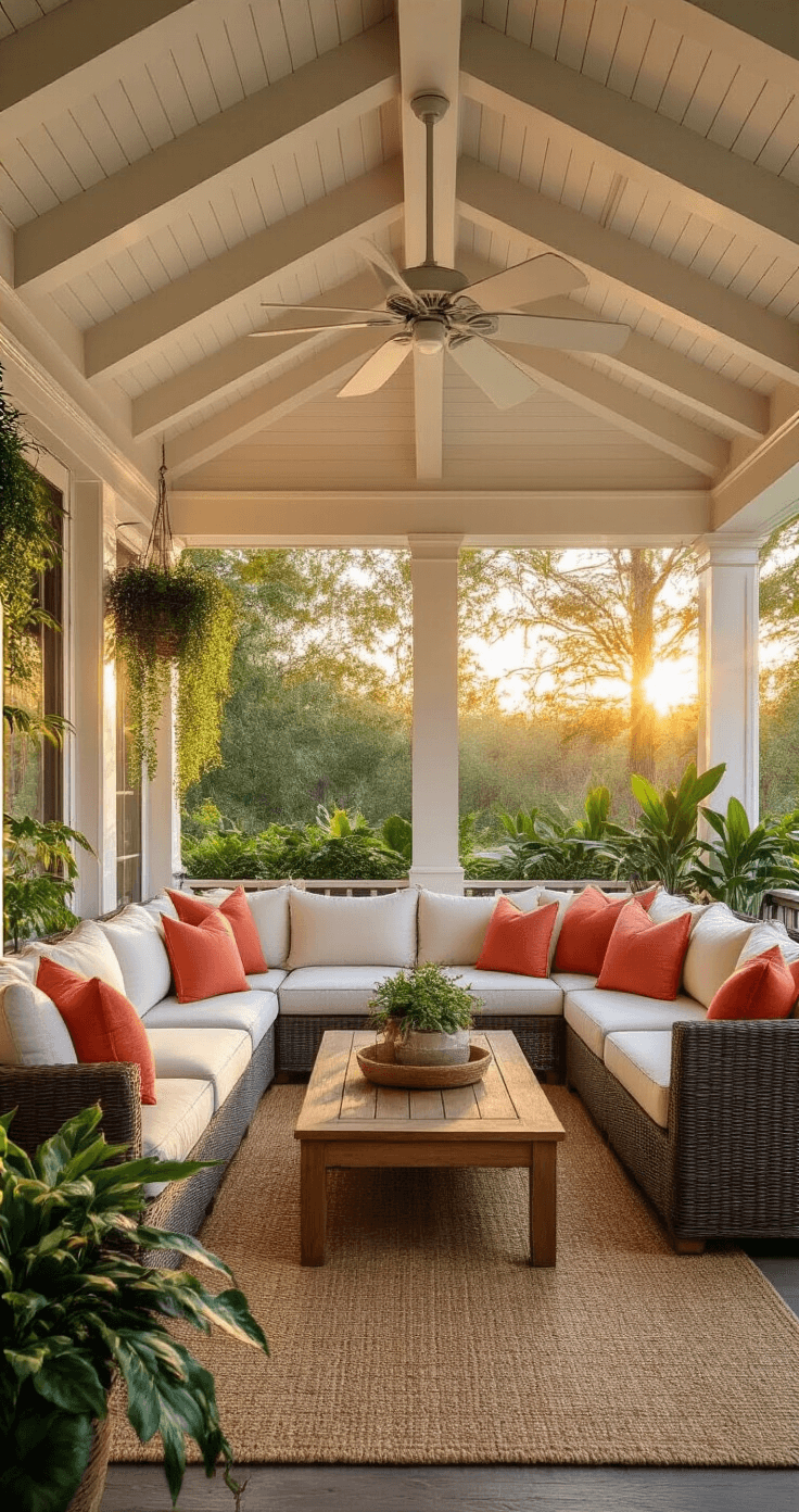 Florida Home Decor That Actually Makes Your Space Feel Like Paradise Elegant screened porch at sunset with vaulted ceiling, exposed beams, and warm light illuminating weatherproof furniture, lush plants, and ambient string lights, conveying a luxurious outdoor living space.