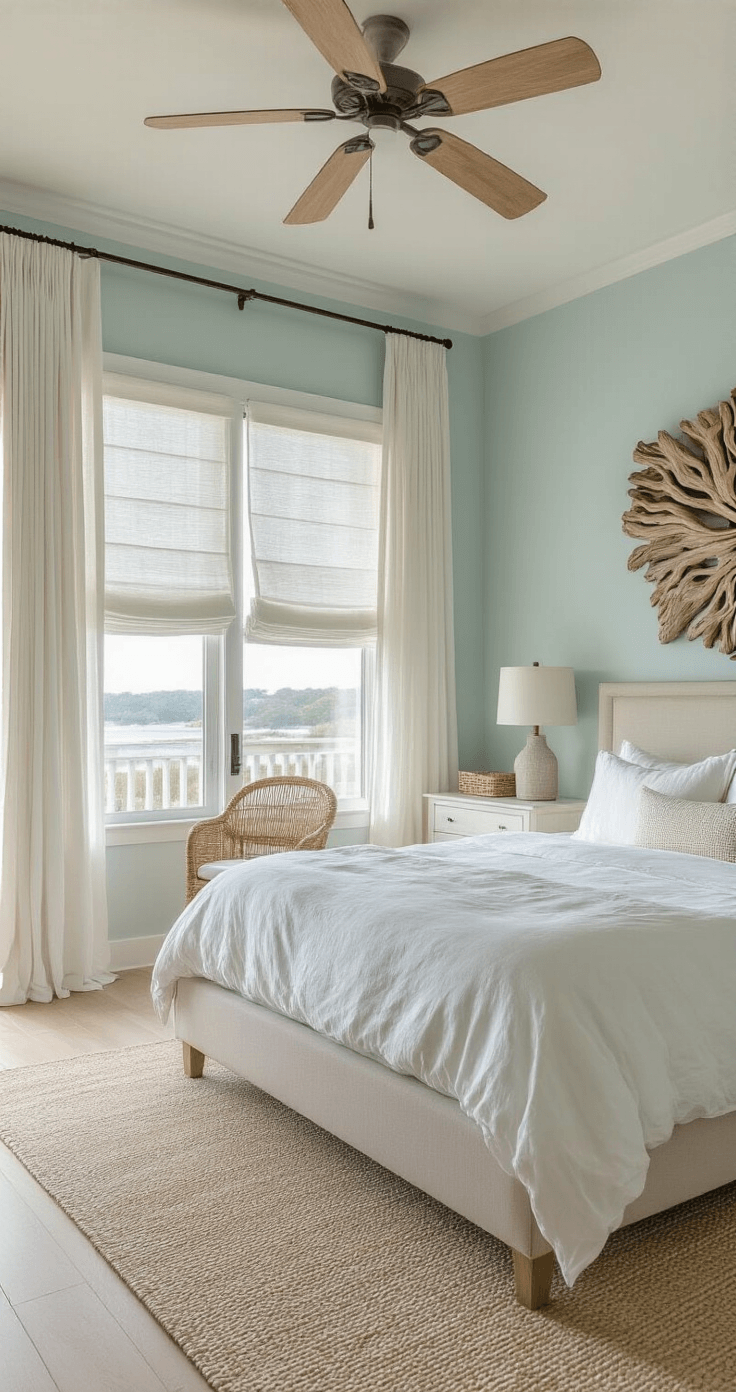 Florida Home Decor That Actually Makes Your Space Feel Like Paradise Sophisticated coastal bedroom with king bed, rumpled white linen bedding, driftwood art, light-washed wooden floors, and vintage rattan chair, bathed in soft morning light.