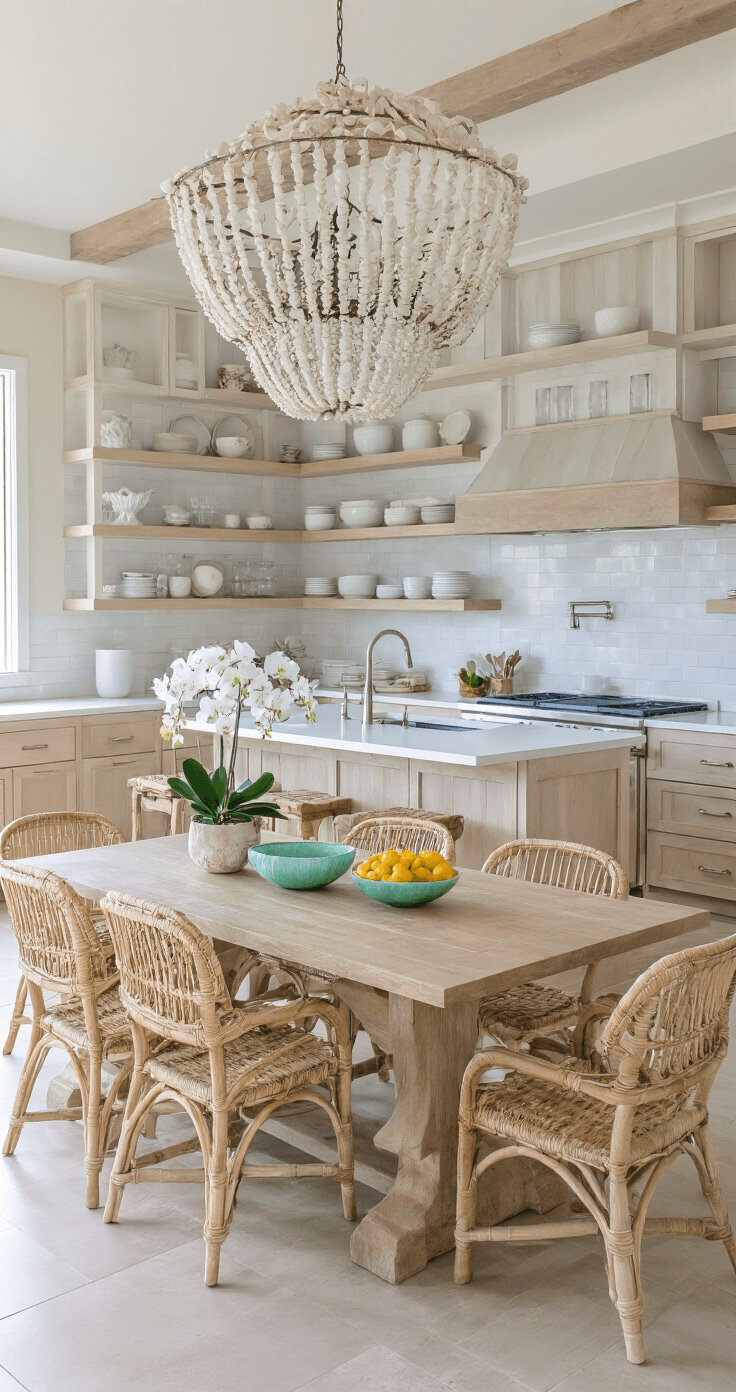 Florida Home Decor That Actually Makes Your Space Feel Like Paradise Bright, open-concept Florida kitchen and dining area featuring white quartz countertops, light oak cabinets, and a large island with rattan stools, illuminated by natural light, with a dining table for eight and a shell chandelier above.