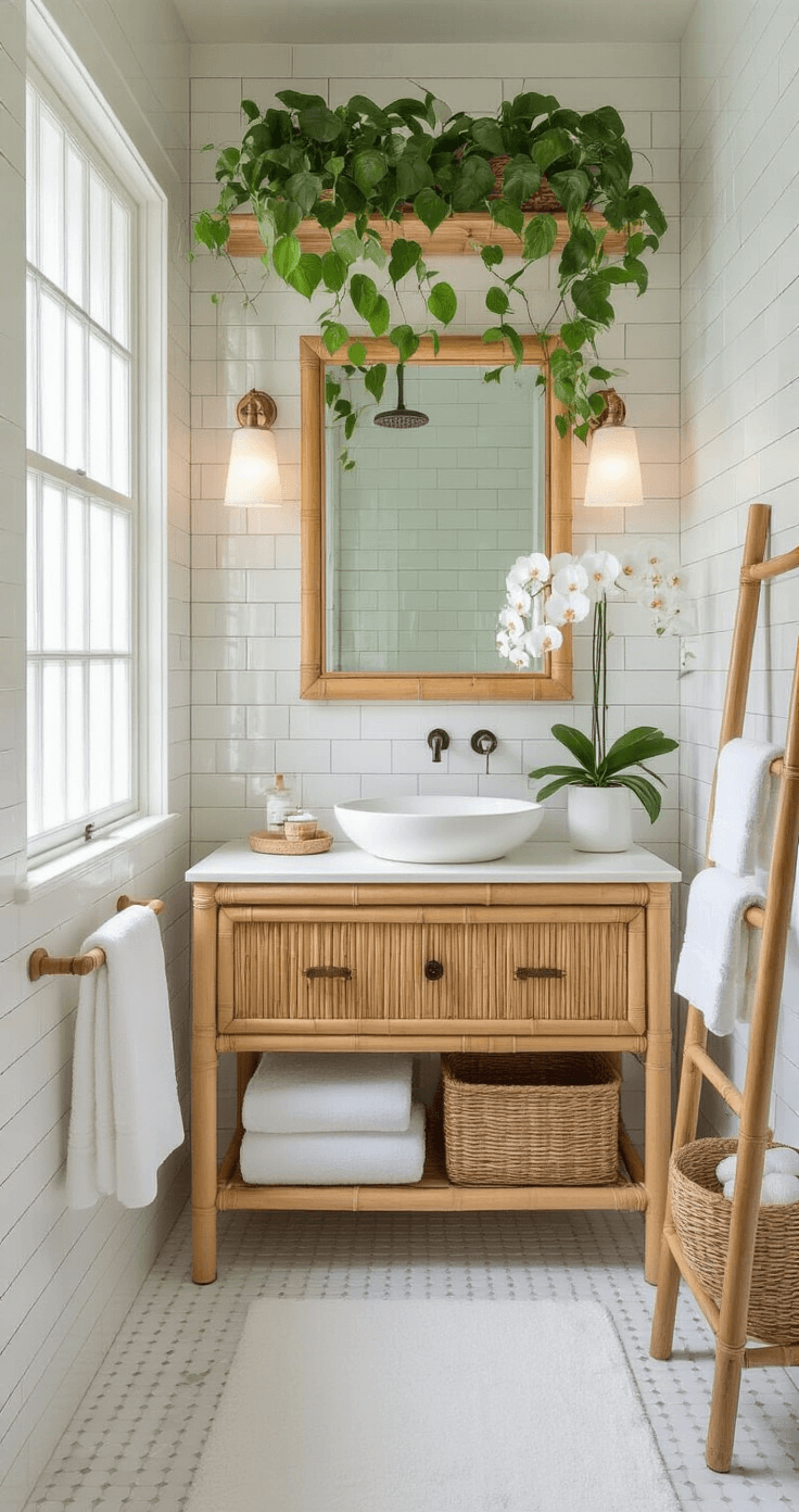 Florida Home Decor That Actually Makes Your Space Feel Like Paradise Luxurious spa-like bathroom featuring white subway tiles, bamboo vanity, vessel sink, large framed mirror, lush green pothos, white orchids, plush towels, and rain showerhead, illuminated by morning light through frosted glass windows.