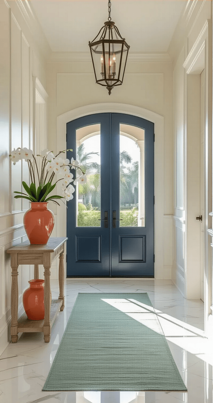 Florida Homes Exterior: Your Complete Guide to Colors, Styles, and Climate-Smart Choices Interior view of a Florida coastal home foyer with warm afternoon light through a navy blue front door, featuring marble floors, white wainscoting, a driftwood console table with orchids, and a wrought iron chandelier.