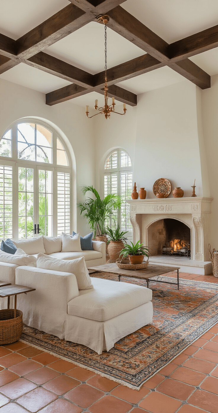 Florida Homes Exterior: Your Complete Guide to Colors, Styles, and Climate-Smart Choices Living room interior of a Mediterranean Revival Florida home at golden hour, featuring coffered ceilings, terracotta tile flooring with Persian rugs, a cream-colored sectional sofa, limestone fireplace, arched windows with plantation shutters, and decorative ceramics amidst tropical plants.