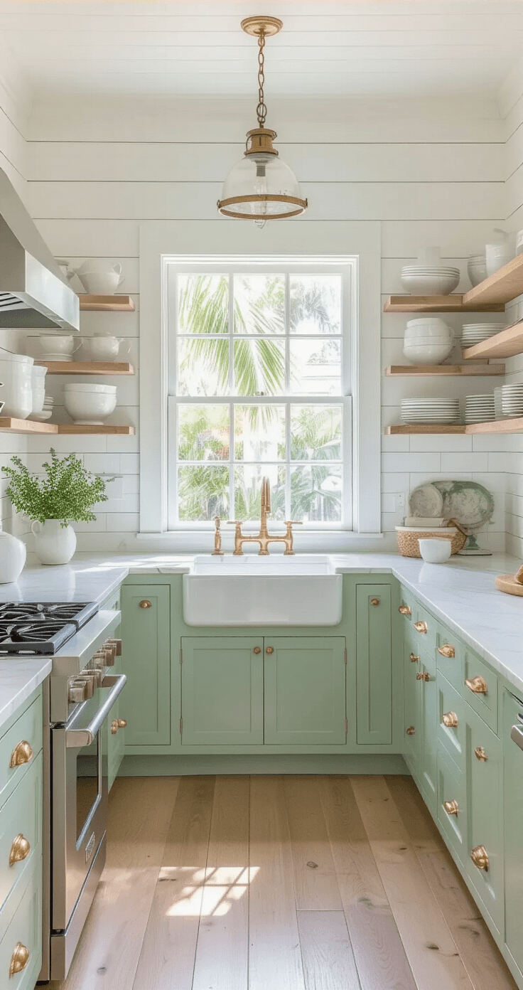Florida Homes Exterior: Your Complete Guide to Colors, Styles, and Climate-Smart Choices Kitchen interior of a Key West cottage, featuring white shiplap walls, seafoam green lower cabinets, marble countertops, and open shelving, with natural light illuminating the space.