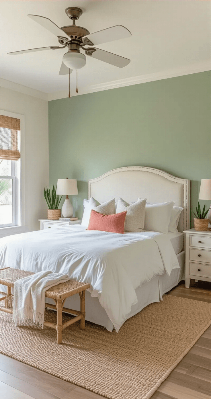 Florida Homes Exterior: Your Complete Guide to Colors, Styles, and Climate-Smart Choices Master bedroom in a Florida ranch home, featuring soft morning light, a sage green accent wall, a king-size bed with a white linen headboard, honey-toned bamboo flooring, cream-colored walls, and natural woven window treatments. The room includes a ceiling fan, weathered white oak nightstands with table lamps, coral and white throw pillows, a vintage seagrass basket, and potted snake plants, creating a serene coastal ambiance.