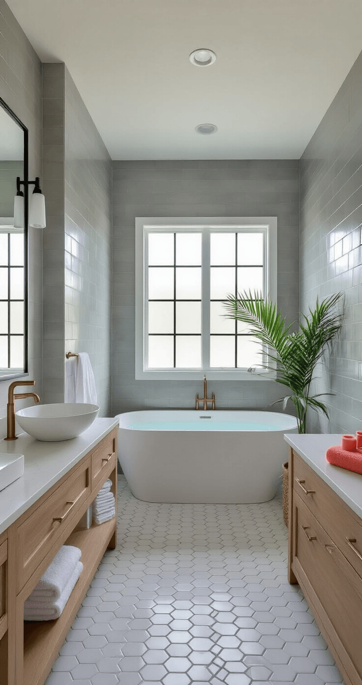 Florida Homes Exterior: Your Complete Guide to Colors, Styles, and Climate-Smart Choices Elegant coastal contemporary bathroom featuring gray porcelain tile walls, white marble hexagon floor tiles, a freestanding soaking tub under a frosted window, light oak floating vanity with a white vessel sink and brass fixtures, and decorative elements like Turkish towels and a small palm, all illuminated by natural light.