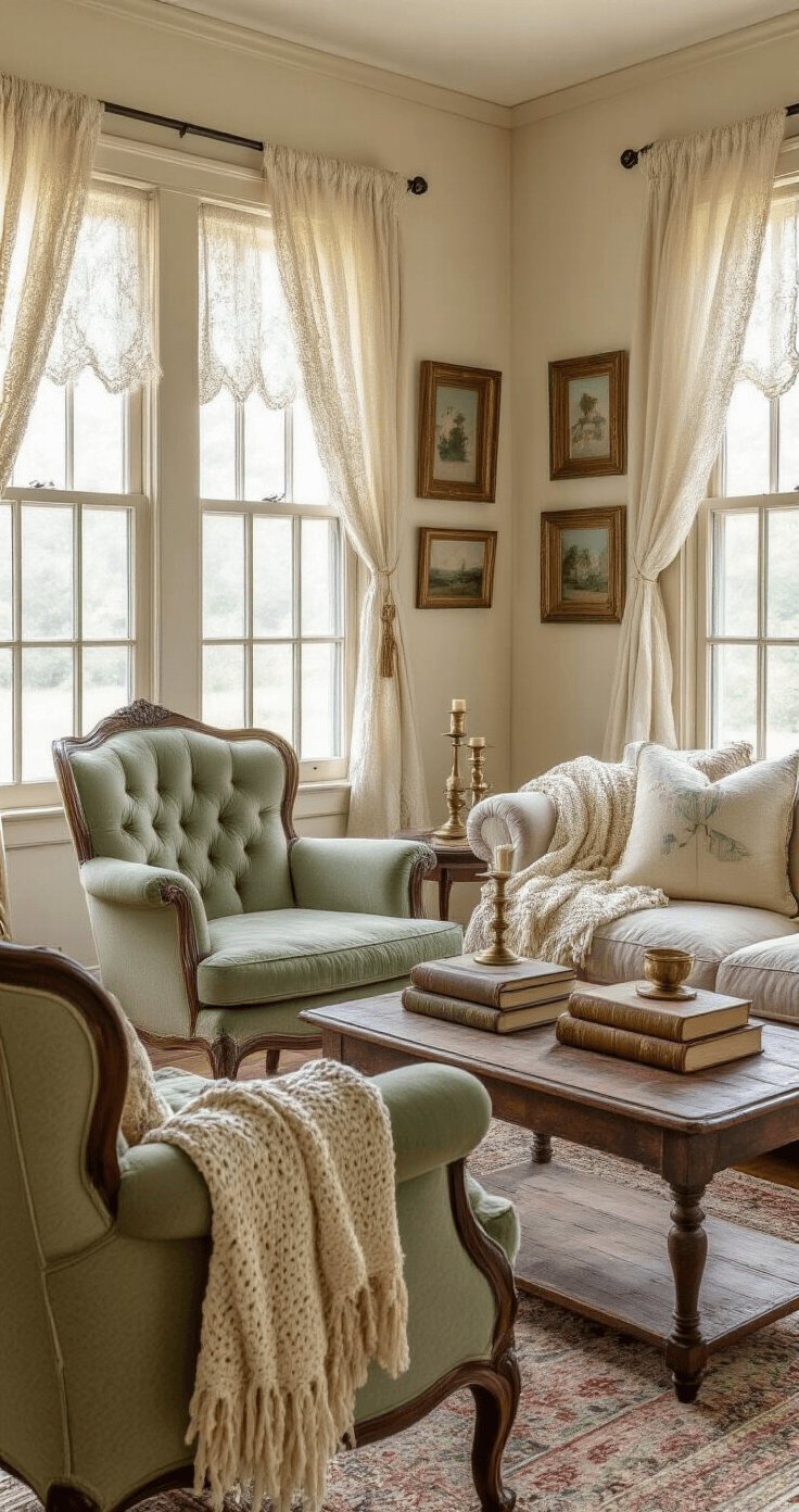 How to Create a Granny Chic Living Room That's Cozy Without Looking Like a Time Capsule Photorealistic wide-angle shot of a cozy granny chic living room featuring vintage furniture, soft golden hour sunlight, and decorative elements, captured from the doorway.