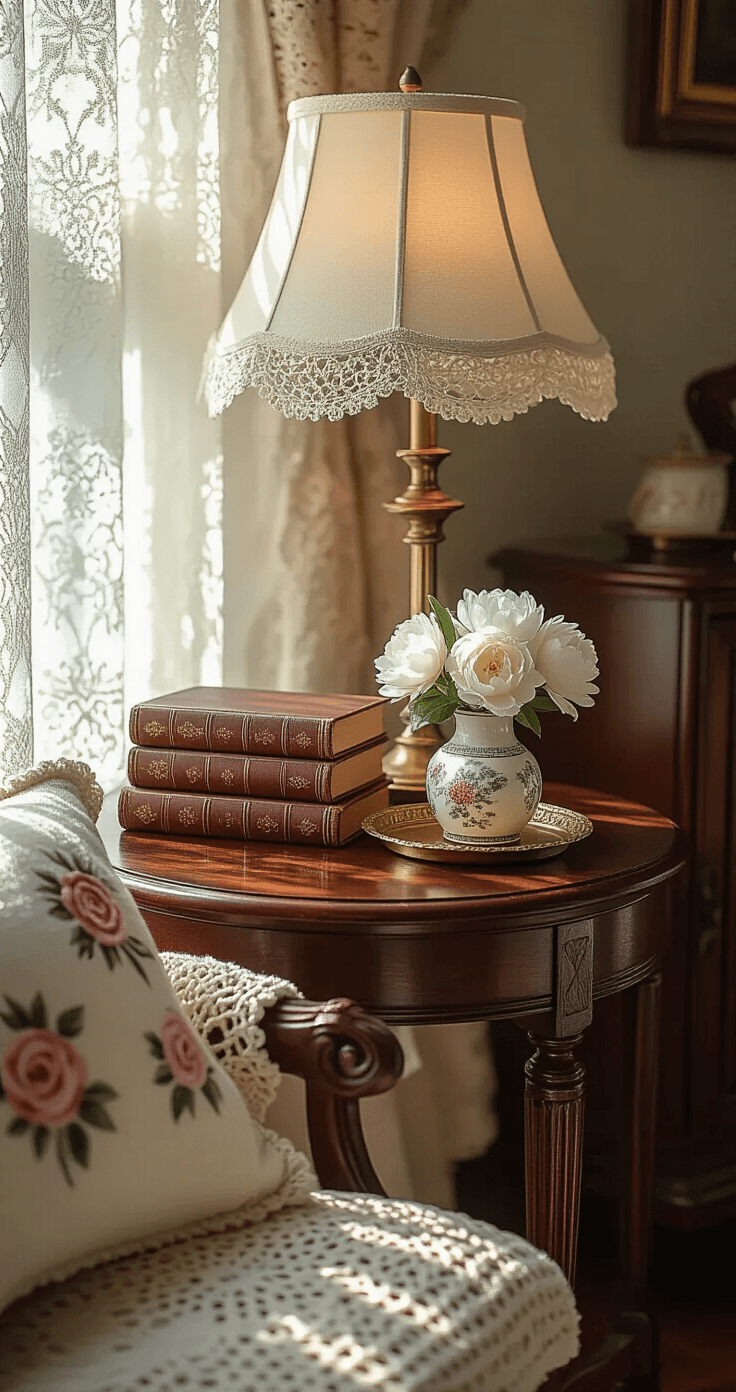 How to Create a Granny Chic Living Room That's Cozy Without Looking Like a Time Capsule Photorealistic close-up of a vintage side table styled with leather-bound books, a brass lamp, and a ceramic vase with peonies, illuminated by warm morning light filtering through lace curtains, highlighting textures of wood, brass, and fabric.