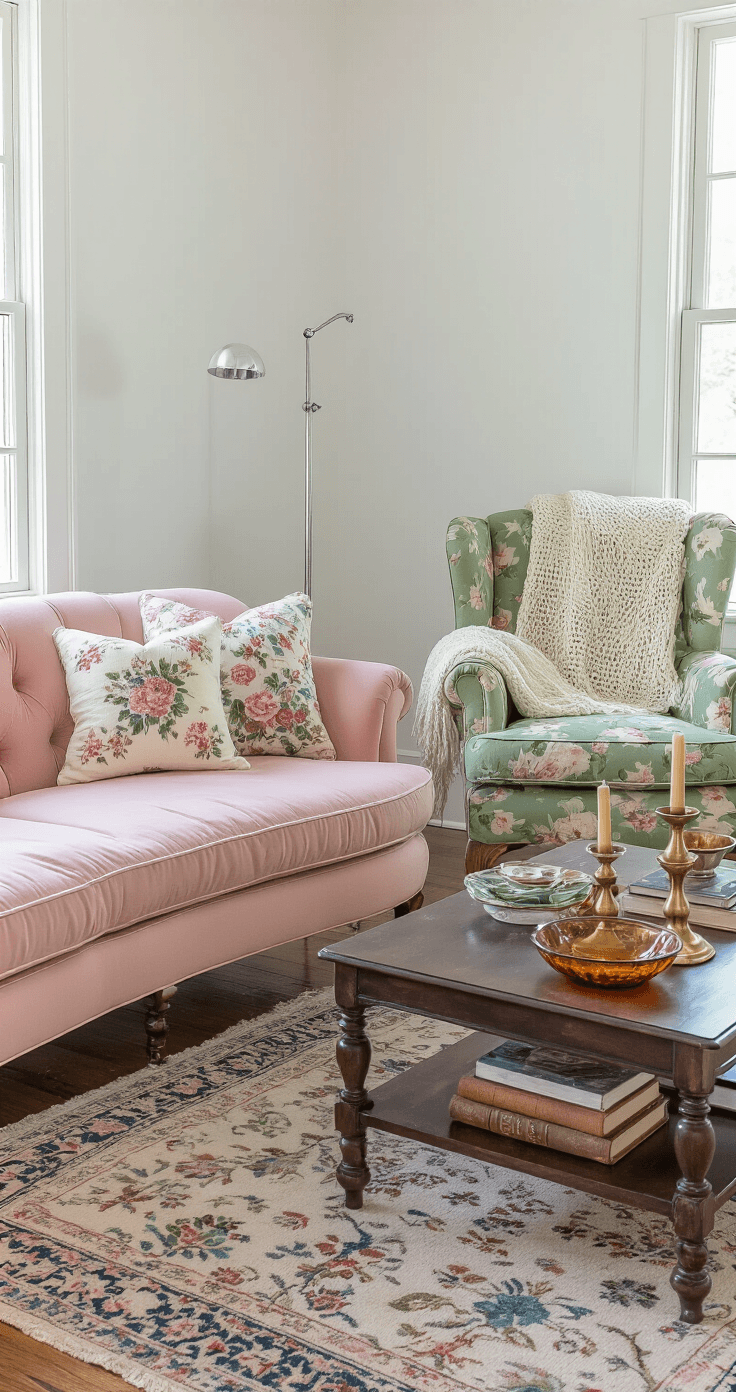 How to Create a Granny Chic Living Room That's Cozy Without Looking Like a Time Capsule Photorealistic medium shot of a cozy granny chic seating arrangement featuring a sage green floral armchair and a rose-colored curved sofa, illuminated by mid-morning light. A dusty blue crocheted throw rests on the armchair, with a cream quilted blanket folded on the sofa. A dark walnut coffee table holds brass candlesticks, vintage books, and an amber depression glass bowl. Needlepoint pillows with floral designs adorn the seating, all set on a faded Persian rug with muted jewel tones. White walls and a modern chrome floor lamp provide contrast, while hardwood floors display gentle wear, creating a warm, vintage-inspired ambiance.