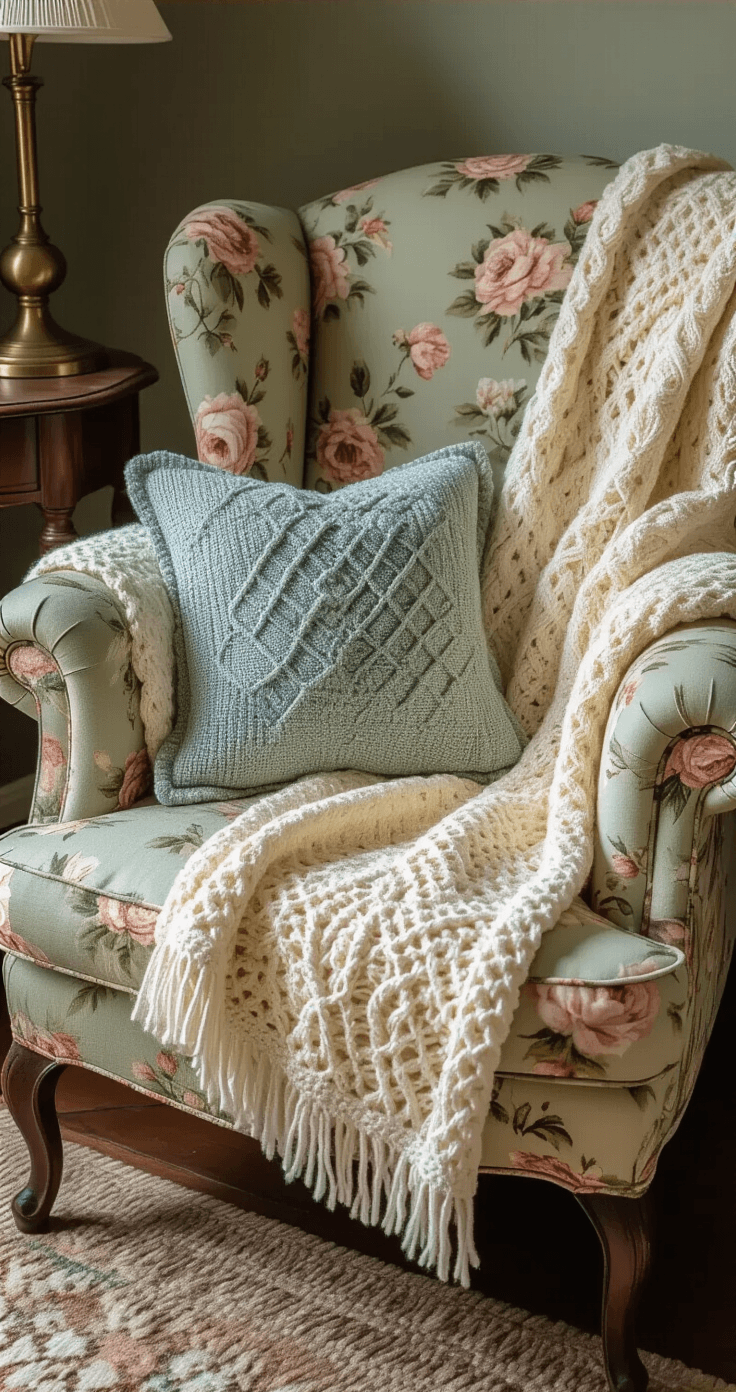 How to Create a Granny Chic Living Room That's Cozy Without Looking Like a Time Capsule Photorealistic detail shot of layered textiles on a vintage floral armchair, featuring sage green fabric, cream crocheted throw, dusty blue needlepoint pillow, and muted yellow and white gingham blanket, with warm, soft afternoon lighting accentuating textures and a cozy atmosphere.