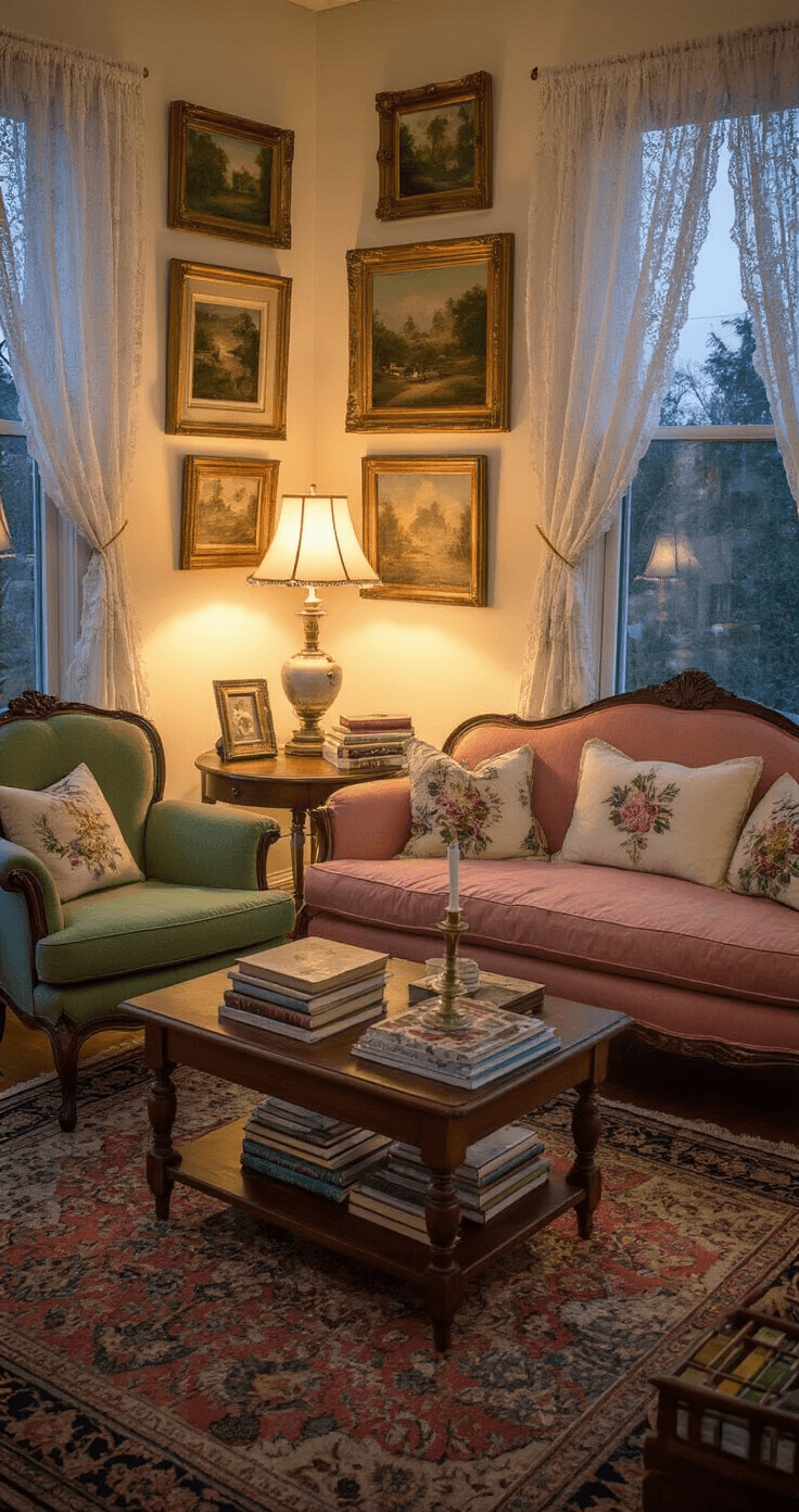 How to Create a Granny Chic Living Room That's Cozy Without Looking Like a Time Capsule A cozy granny chic living room featuring an elevated corner view, with lace curtains filtering twilight, warm table lamps illuminating mismatched vintage frames on cream walls, a sage green floral armchair, and a rose curved sofa, surrounded by layered throw blankets and pillows, a walnut coffee table, and a collection of depression glass on floating shelves, all anchored by a faded Persian rug over hardwood floors.