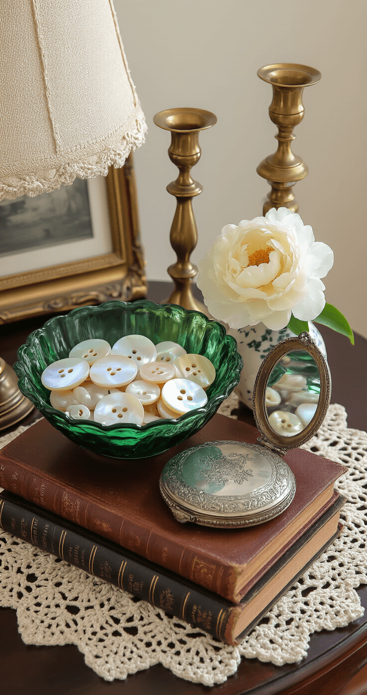 How to Create a Granny Chic Living Room That's Cozy Without Looking Like a Time Capsule Photorealistic macro image of a curated collection of vintage accessories on a dark mahogany table, featuring brass candlesticks, an emerald depression glass bowl with mother-of-pearl buttons, an ornate silver compact with a mirror, a white peony in a ceramic vase, and leather-bound books, all illuminated by soft morning light with a shallow depth of field.