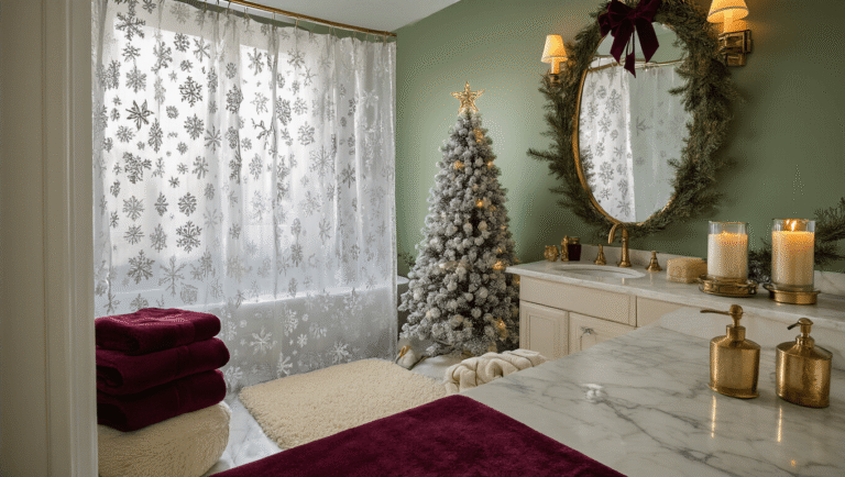 How to Transform Your Bathroom Into a Christmas Wonderland (Without Looking Like Santa's Workshop Exploded) Luxurious Christmas-themed bathroom with silver snowflake shower curtain, burgundy velvet towels, marble vanity adorned with a mini flocked tree and brass candle holders, set in warm golden hour lighting and a cozy spa-like ambiance.