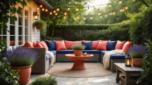 How I Finally Made My Outdoor Space Actually Usable This Spring (Without Breaking the Bank) Cinematic wide shot of a transformed cottage garden patio featuring coral and navy cushions, realistic artificial lavender, warm string lights, and a vintage bird bath, creating an inviting atmosphere with soft morning light and cozy textile layers.