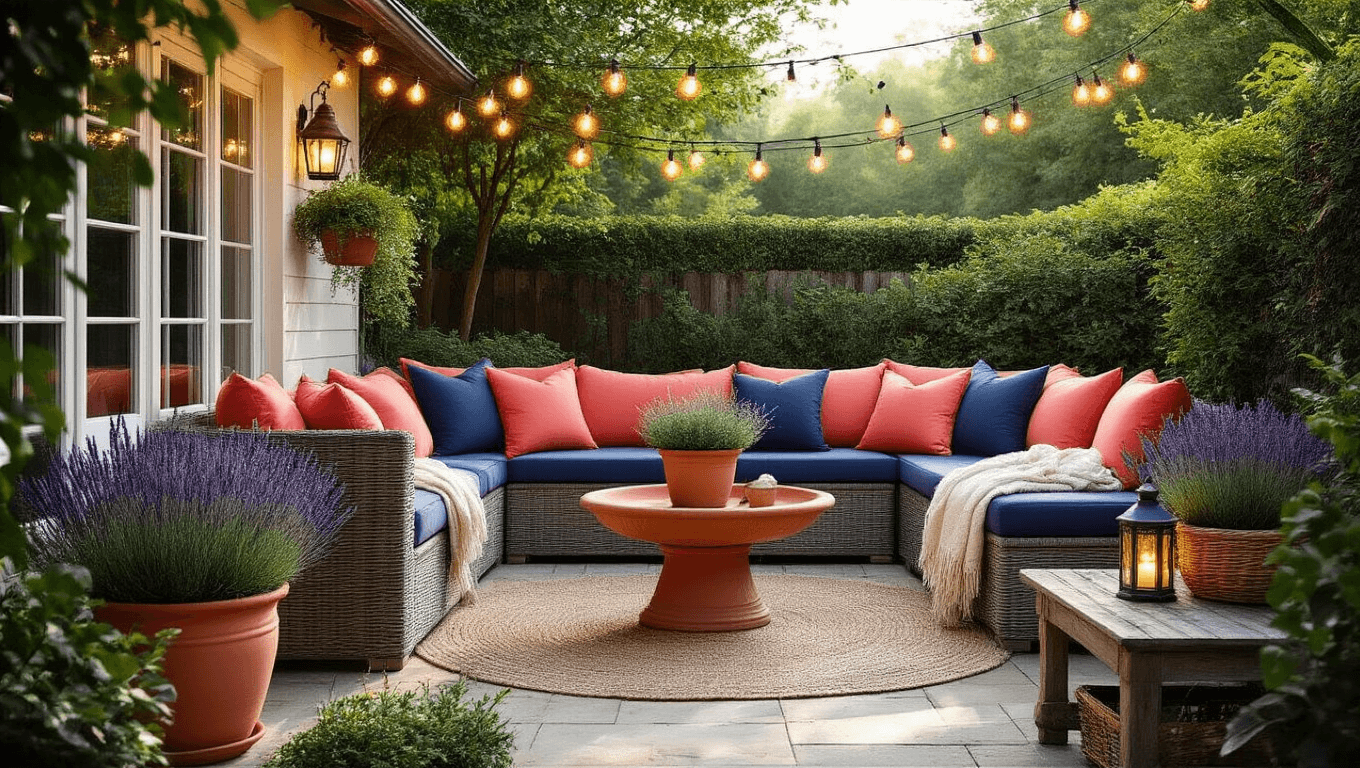 Cinematic wide shot of a transformed cottage garden patio featuring coral and navy cushions, realistic artificial lavender, warm string lights, and a vintage bird bath, creating an inviting atmosphere with soft morning light and cozy textile layers.