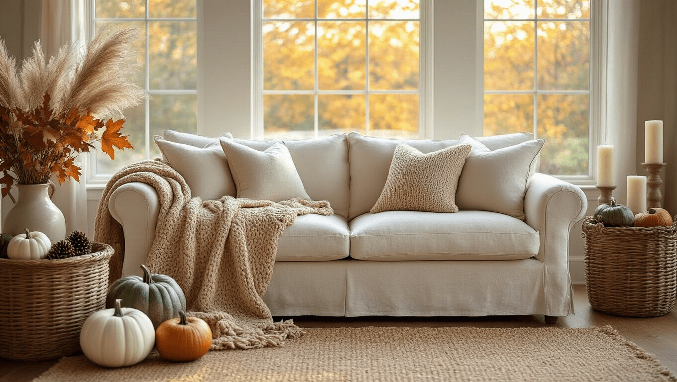 Cozy living room featuring a cream sofa with a chunky knit throw, wicker basket with blankets, honey oak floors, and warm golden hour light, styled with pumpkins, candles, and pampas grass.