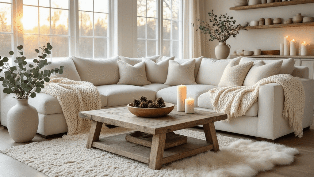 A cozy winter living room featuring a cream sectional with an oatmeal chunky knit throw, textured linen pillows in soft greys, and a reclaimed wood coffee table adorned with pine cones. White pillar candles and eucalyptus stems create a warm atmosphere, complemented by a faux sheepskin rug and ambient lighting from string lights and lamps. The large windows allow natural light to illuminate the neutral palette of creams and grays, evoking a hygge ambiance.