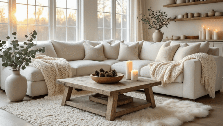Simple Winter Decor That Actually Feels Like Home (Not a Pinterest Fail) A cozy winter living room featuring a cream sectional with an oatmeal chunky knit throw, textured linen pillows in soft greys, and a reclaimed wood coffee table adorned with pine cones. White pillar candles and eucalyptus stems create a warm atmosphere, complemented by a faux sheepskin rug and ambient lighting from string lights and lamps. The large windows allow natural light to illuminate the neutral palette of creams and grays, evoking a hygge ambiance.