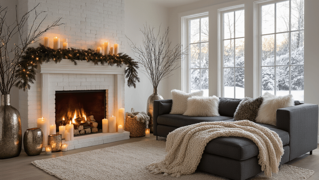 Cozy winter living room with a white brick fireplace, adorned with cream candles and evergreen garland, featuring a charcoal sectional, faux fur pillows, and layered textiles, bathed in golden hour light.