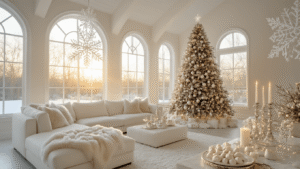 Why Your Christmas Party Deserves Better Than Last Year's Tired Tinsel Elegant white Christmas living room featuring a decorated Fraser fir tree, cream-colored furniture, and warm golden hour sunlight, with decorative elements like snowflakes, candelabras, and string lights, all captured with a focus on luxurious textures.