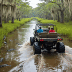 The Only Everglades Experience That'll Make You Question Everything You Thought You Knew About Wildlife Tours "Tourists on a rugged swamp buggy navigating through Florida Everglades, with alligators in murky water, Spanish moss-draped cypress trees, herons and egrets in the marshes, and dramatic lighting through the tree canopy."
