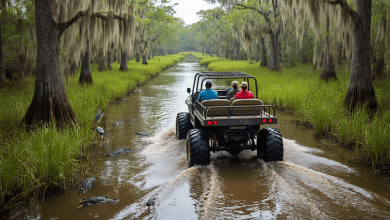 The Only Everglades Experience That'll Make You Question Everything You Thought You Knew About Wildlife Tours "Tourists on a rugged swamp buggy navigating through Florida Everglades, with alligators in murky water, Spanish moss-draped cypress trees, herons and egrets in the marshes, and dramatic lighting through the tree canopy."