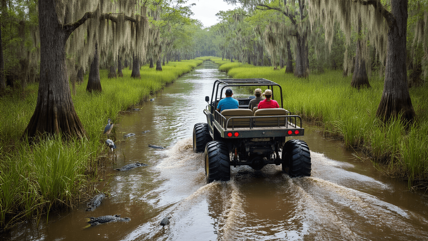 "Tourists on a rugged swamp buggy navigating through Florida Everglades, with alligators in murky water, Spanish moss-draped cypress trees, herons and egrets in the marshes, and dramatic lighting through the tree canopy."