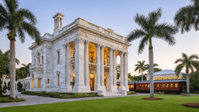 Why the Flagler Museum Is America's Most Stunning Mansion You Can Actually Tour (And What Most Visitors Miss) "Beaux-Arts mansion exterior of Flagler Museum's Whitehall estate in Palm Beach with Flagler's restored railroad car No. 91 in the modern pavilion, against a backdrop of golden hour lighting, palm trees, and distant Lake Worth."