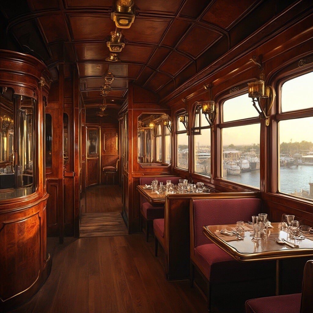 1902 luxury railroad car on display in modern glass Flagler Kenan Pavilion, featuring mahogany paneling, brass fixtures, ornate dining area with crystal glassware, panoramic views of Lake Worth and West Palm Beach skyline, and golden hour lighting.