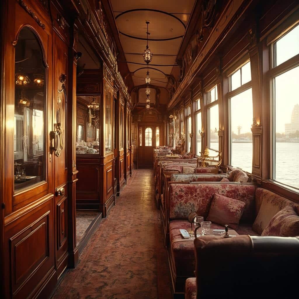 1902 luxury railroad car with mahogany paneling and brass fixtures on display in modern Flagler Kenan Pavilion, overlooking Lake Worth and West Palm Beach skyline during golden hour