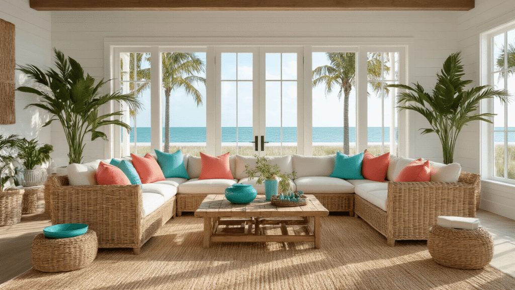 Florida Style Home Decor: How to Bring Coastal Charm Into Your Living Space Photorealistic living room in Florida style featuring rattan sectional, weathered cypress coffee table, coral and turquoise decor, shiplap walls, and natural light from French doors.