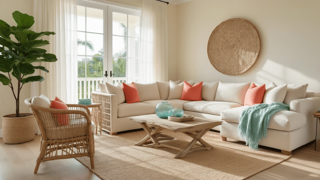 Florida Home Decor That Actually Makes Your Space Feel Like Paradise A sophisticated Florida living room with cream walls, light oak hardwood floors, a neutral sectional sofa with coral accent pillows, sheer white curtains, a rattan accent chair, driftwood art, a fiddle leaf fig plant, sea glass accessories, a soft aqua throw blanket, and a natural fiber jute rug, all bathed in warm sunlight and inviting shadows.