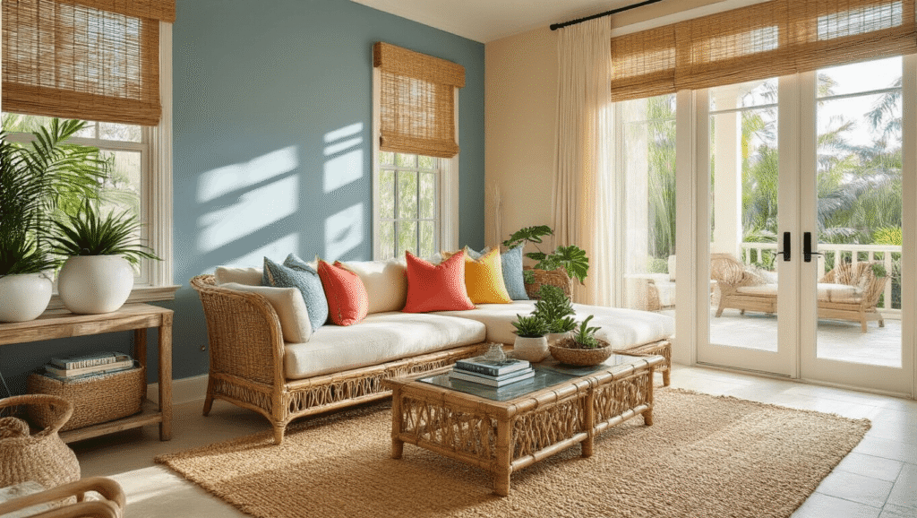 Elegant Florida room with sand beige walls, blue-gray accent wall, sunlight through bamboo shades, cream chaise lounge with coral and yellow pillows, jute rug, rattan coffee table, weathered wood console, ceramic planters with palms, and sliding glass doors to patio, all in warm golden hour lighting.