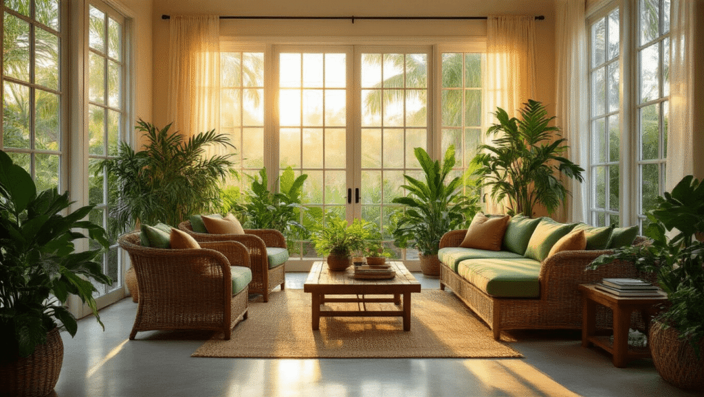 Florida Sunroom: Everything You Need to Know About Adding This Bright Living Space to Your Home A spacious Florida sunroom at golden hour featuring wicker furniture, tropical plants, and floor-to-ceiling windows that cast geometric shadows, creating a cozy and inviting atmosphere.