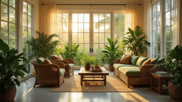 Florida Sunroom: Everything You Need to Know About Adding This Bright Living Space to Your Home A spacious Florida sunroom at golden hour featuring wicker furniture, tropical plants, and floor-to-ceiling windows that cast geometric shadows, creating a cozy and inviting atmosphere.